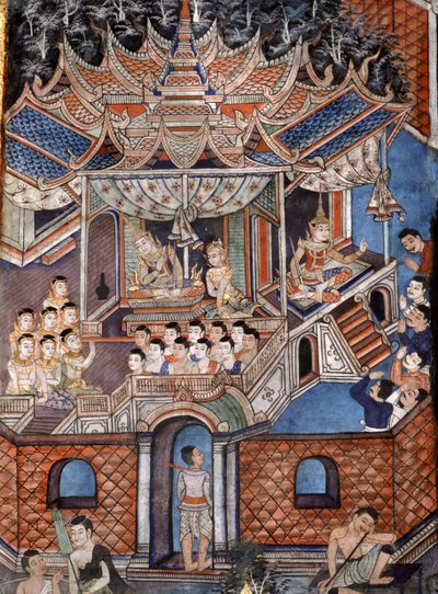 Részlet Viharn időkép falfestményéről, amely a Sang Thong Tales-t ábrázolja (falfestmény) alkotó: Thai School