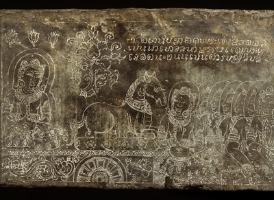 Vésett kőtábla, amely a Bhojajania Jataka mesét ábrázolja, Wat Si Chumból, Sukhothaiból, 14-15. század alkotó: Thai School