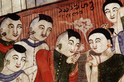 Dohányzó szerelmesek, részlet a Wat Phumin falfestményéről (falfestmény) alkotó: Thai School