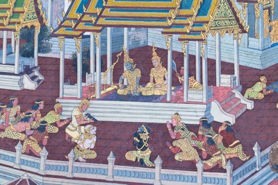 Falfestmény a Ramayana jeleneteit ábrázoló Wat Phra Kaeo-ban, a Királyi Nagy Palota, Bangkok, Thaiföld alkotó: Thai School