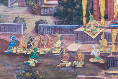 Falfestmény a Ramayana jeleneteit ábrázoló Wat Phra Kaeo-ban, a Királyi Nagy Palota, Bangkok, Thaiföld alkotó: Thai School