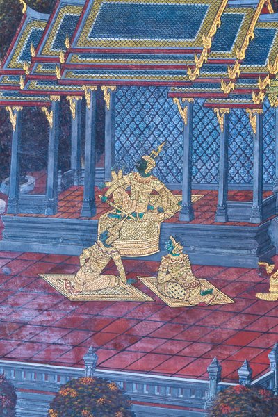 Falfestmény a Ramayana jeleneteit ábrázoló Wat Phra Kaeo-ban, a Királyi Nagy Palota, Bangkok, Thaiföld alkotó: Thai School