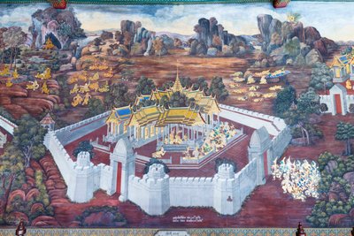 Falfestmény a Ramayana jeleneteit ábrázoló Wat Phra Kaeo-ban, a Királyi Nagy Palota, Bangkok, Thaiföld alkotó: Thai School