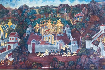 Falfestmény a Ramayana jeleneteit ábrázoló Wat Phra Kaeo-ban, a Királyi Nagy Palota, Bangkok, Thaiföld alkotó: Thai School