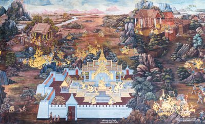 Falfestmény a Ramayana jeleneteit ábrázoló Wat Phra Kaeo-ban, a Királyi Nagy Palota, Bangkok, Thaiföld alkotó: Thai School