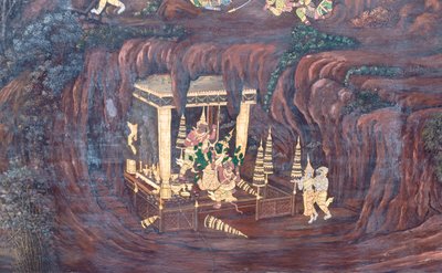 Falfestmény a Ramayana jeleneteit ábrázoló Wat Phra Kaeo-ban, a Királyi Nagy Palota, Bangkok, Thaiföld alkotó: Thai School