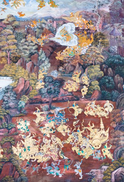 Falfestmény a Ramayana jeleneteit ábrázoló Wat Phra Kaeo-ban, a Királyi Nagy Palota, Bangkok, Thaiföld alkotó: Thai School