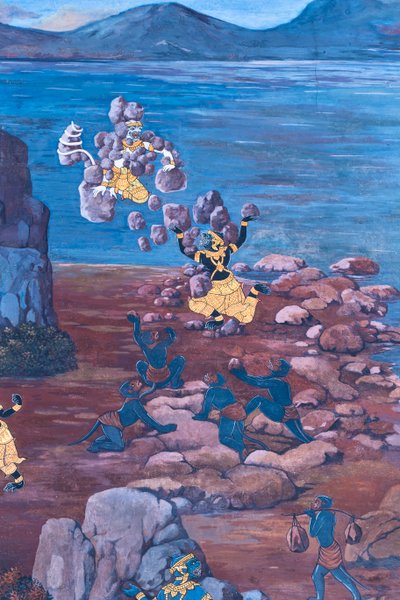 Falfestmény a Ramayana jeleneteit ábrázoló Wat Phra Kaeo-ban, a Királyi Nagy Palota, Bangkok, Thaiföld alkotó: Thai School