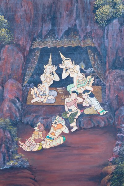 Falfestmény a Ramayana jeleneteit ábrázoló Wat Phra Kaeo-ban, a Királyi Nagy Palota, Bangkok, Thaiföld alkotó: Thai School