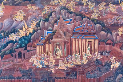 Falfestmény a Ramayana jeleneteit ábrázoló Wat Phra Kaeo-ban, a Királyi Nagy Palota, Bangkok, Thaiföld alkotó: Thai School