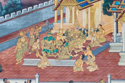 Falfestmény a Ramayana jeleneteit ábrázoló Wat Phra Kaeo-ban, a Királyi Nagy Palota, Bangkok, Thaiföld alkotó: Thai School