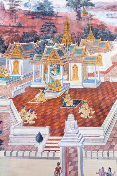 Falfestmény a Ramayana jeleneteit ábrázoló Wat Phra Kaeo-ban, a Királyi Nagy Palota, Bangkok, Thaiföld alkotó: Thai School