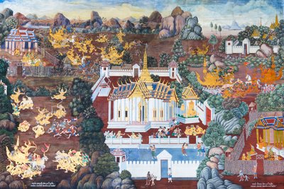 Falfestmény a Ramayana jeleneteit ábrázoló Wat Phra Kaeo-ban, a Királyi Nagy Palota, Bangkok, Thaiföld alkotó: Thai School