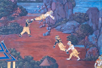 Falfestmény a Ramayana jeleneteit ábrázoló Wat Phra Kaeo-ban, a Királyi Nagy Palota, Bangkok, Thaiföld alkotó: Thai School