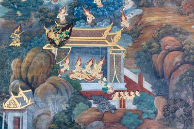 Falfestmény a Ramayana jeleneteit ábrázoló Wat Phra Kaeo-ban, a Királyi Nagy Palota, Bangkok, Thaiföld alkotó: Thai School