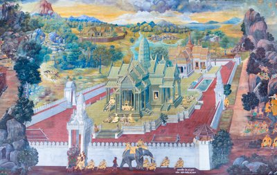 Falfestmény a Ramayana jeleneteit ábrázoló Wat Phra Kaeo-ban, a Királyi Nagy Palota, Bangkok, Thaiföld alkotó: Thai School