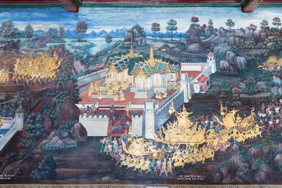Falfestmény a Ramayana jeleneteit ábrázoló Wat Phra Kaeo-ban, a Királyi Nagy Palota, Bangkok, Thaiföld alkotó: Thai School