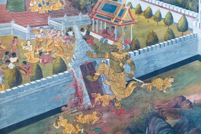 Falfestmény a Ramayana jeleneteit ábrázoló Wat Phra Kaeo-ban, a Királyi Nagy Palota, Bangkok, Thaiföld alkotó: Thai School
