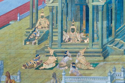 Falfestmény a Ramayana jeleneteit ábrázoló Wat Phra Kaeo-ban, a Királyi Nagy Palota, Bangkok, Thaiföld alkotó: Thai School