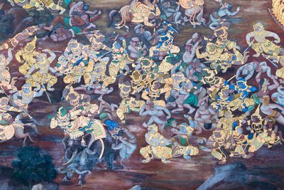 Falfestmény a Ramayana jeleneteit ábrázoló Wat Phra Kaeo-ban, a Királyi Nagy Palota, Bangkok, Thaiföld alkotó: Thai School