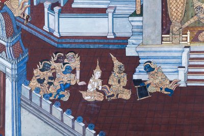 Falfestmény a Ramayana jeleneteit ábrázoló Wat Phra Kaeo-ban, a Királyi Nagy Palota, Bangkok, Thaiföld alkotó: Thai School