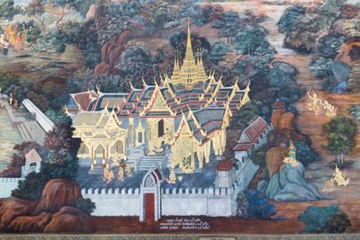 Falfestmény a Ramayana jeleneteit ábrázoló Wat Phra Kaeo-ban, a Királyi Nagy Palota, Bangkok, Thaiföld alkotó: Thai School