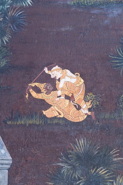 Falfestmény a Ramayana jeleneteit ábrázoló Wat Phra Kaeo-ban, a Királyi Nagy Palota, Bangkok, Thaiföld alkotó: Thai School