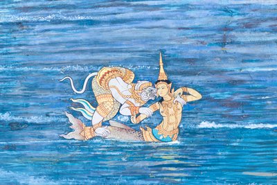 Falfestmény a Ramayana jeleneteit ábrázoló Wat Phra Kaeo-ban, a Királyi Nagy Palota, Bangkok, Thaiföld alkotó: Thai School