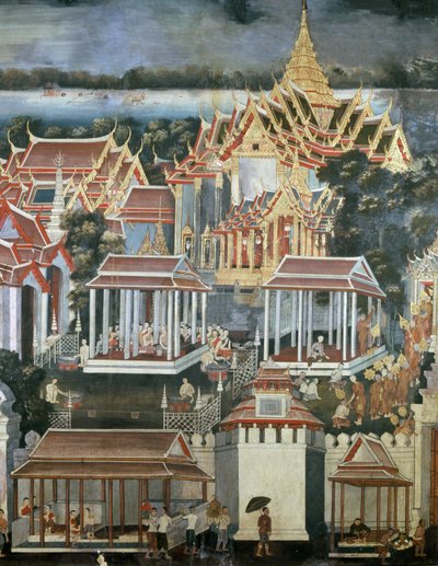 Felajánlások szerzeteseknek a Smaragd Buddha templomában, 1864 (falfestmény) alkotó: Thai School