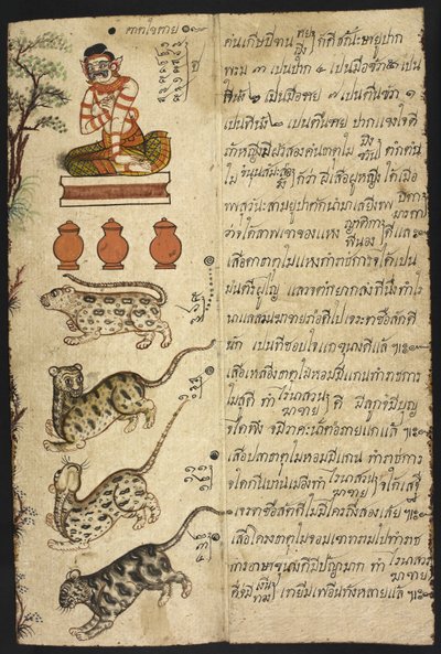 Vagy 4830 „Thai jóslási kézikönyv (Phrommachat), amely a kínai állatövön alapuló horoszkópokat tartalmaz” (tinta és színes papíron) alkotó: Thai School