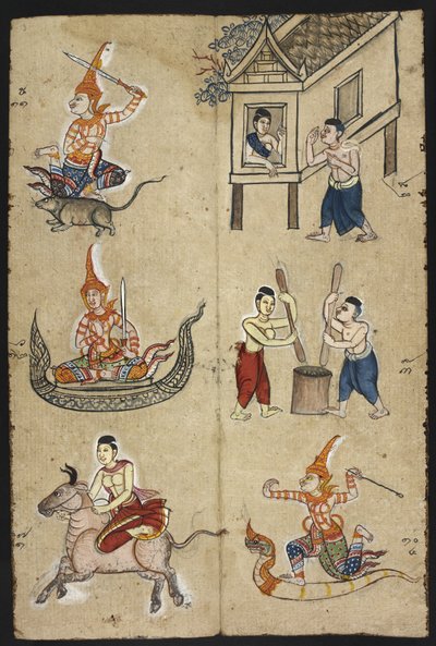Vagy 4830 „Thai jóslási kézikönyv (Phrommachat), amely a kínai állatövön alapuló horoszkópokat tartalmaz” (tinta és színes papíron) alkotó: Thai School