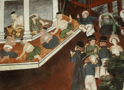 Palotai hölgy muszlim kereskedőket és nyugati tengerészeket fogad, Rattanakosin iskola (falfestés) alkotó: Thai School