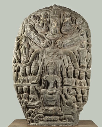 Sztelák Buddhával és imádó istenségekkel, Davaravati-korszak alkotó: Thai School