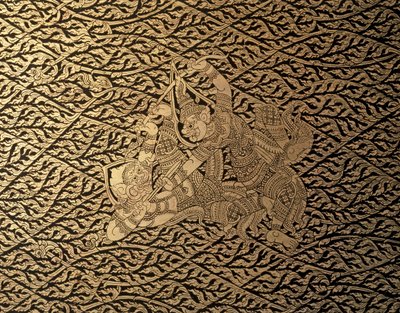 THAI ART: A "Ramayana" egy epizódja Kra Nak díszítéssel. Könyvespolc, Bangkok St... alkotó: Thai School