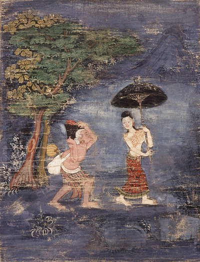 Az idős Brahmin Jujaka követi fiatal feleségét (szövetre festve) alkotó: Thai School