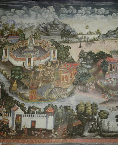 Phitsanulok városa és szökőkút Buddha szobraival, Wat Bowonniwet Vihara, Bangkok alkotó: Thai School