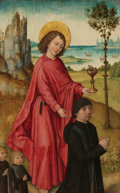 Egy adományozó és két fia Szent János evangélistával, egy triptichon bal belső szárnya alkotó: The (Bruges) Master of the Legend of Saint Ursula (workshop of)
