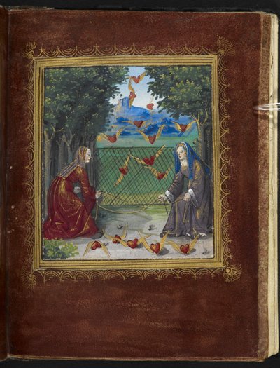 Stowe 955 f.13r Szobalányok és szárnyas szívek, miniatűr a „Petit Livre d