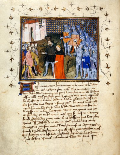 (Egész fólió) II. Richárd király, akit Henry Bolingbroke foglyul ejt Londonba, lemond a trónról; díszített szegély alatti szöveggel. alkotó: The Virgil Master