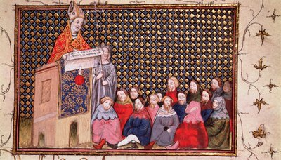 Harl 1319 f.12 Arundel érsek prédikál Henrik ügyében, a "Histoire du Roy d
