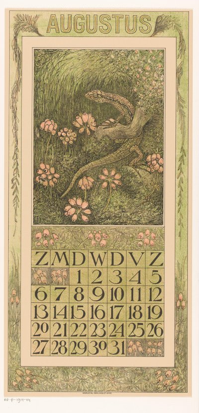Augusztusi naptároldal gyíkkal és hangával Kalendárium 1911 12 litográfia Th. v. Hoytema (sorozat címe) alkotó: Theo van Hoytema