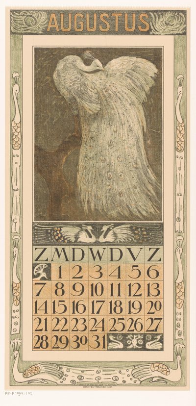 Augusztusi naptároldal fehér pávával Kalendárium 1910 12 litográfia Th. v. Hoytema (sorozat címe) alkotó: Theo van Hoytema