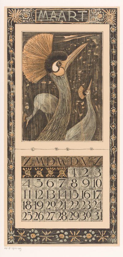 Naptárlap Március koronadarukkal Kalendárium 1906 12 litográfiája Th. v. Hoytema (sorozat címe) alkotó: Theo van Hoytema