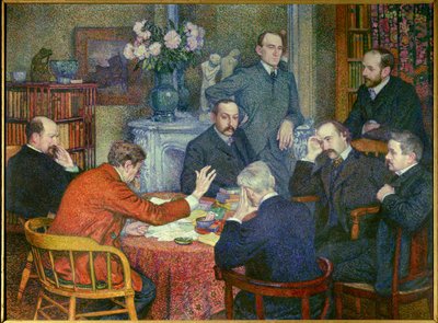 La Lecture (1903), Emile Verhaeren (1855-1916), belga szocialista költő, Cross festő, Maurice Maeterlinck, Andre Gide és Francis Viele-Griffin írók, Henri Gheon biológus, Felix Le Dantec orvos és Felix Feneon, aki cigarettázik. , s alkotó: Théo van Rysselberghe
