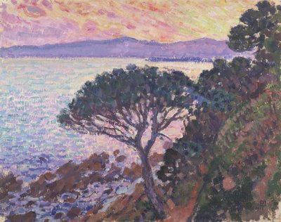 Fenyőfa a tengerparton naplementekor alkotó: Théo van Rysselberghe