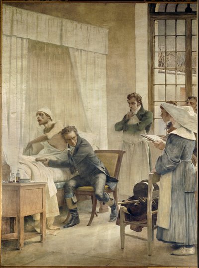 Rene Laennec auditál egy phtic-ot a diákjai előtt. Rene-Theophile-Hyacinthe Laennec (1781-1826), francia orvos, a „pectoriloque” vagy sztetoszkóp feltalálója. Freskó alkotó: Theobald Chartran