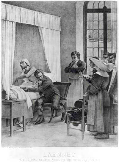 Rene Theophile Hyacinthe Laennec (1781-1826) fogyasztással hallgatja egy férfi mellkasát, 1816 alkotó: Theobald Chartran