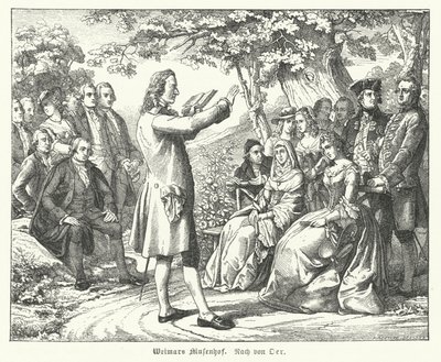 A weimari múzsák udvara: Friedrich Schiller német költő és drámaíró olvas a Tiefurti kastélyban, a hallgatók között Christoph Martin Wieland, Johann Wolfgang Goethe és Johann Gottfried Herder (metszet) alkotó: Theobald Reinhold von Oer