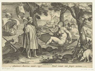 Amerigo Vespucci Amerikába veti a lábát Amerika. Americen Americus reexit. Semel vocauit inde semper excitam (cím az objektumon) Új találmányok és felfedezések (sorozat címe) Nova Reperta (sorozat címe) alkotó: Theodoor Galle