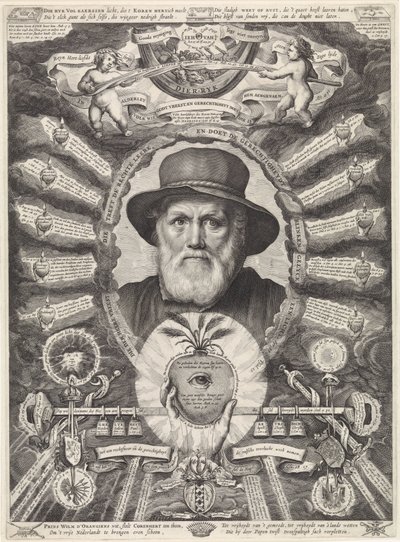 Dirck Volckertsz portréja. Szarvas allegorikus keretben alkotó: Theodor Matham